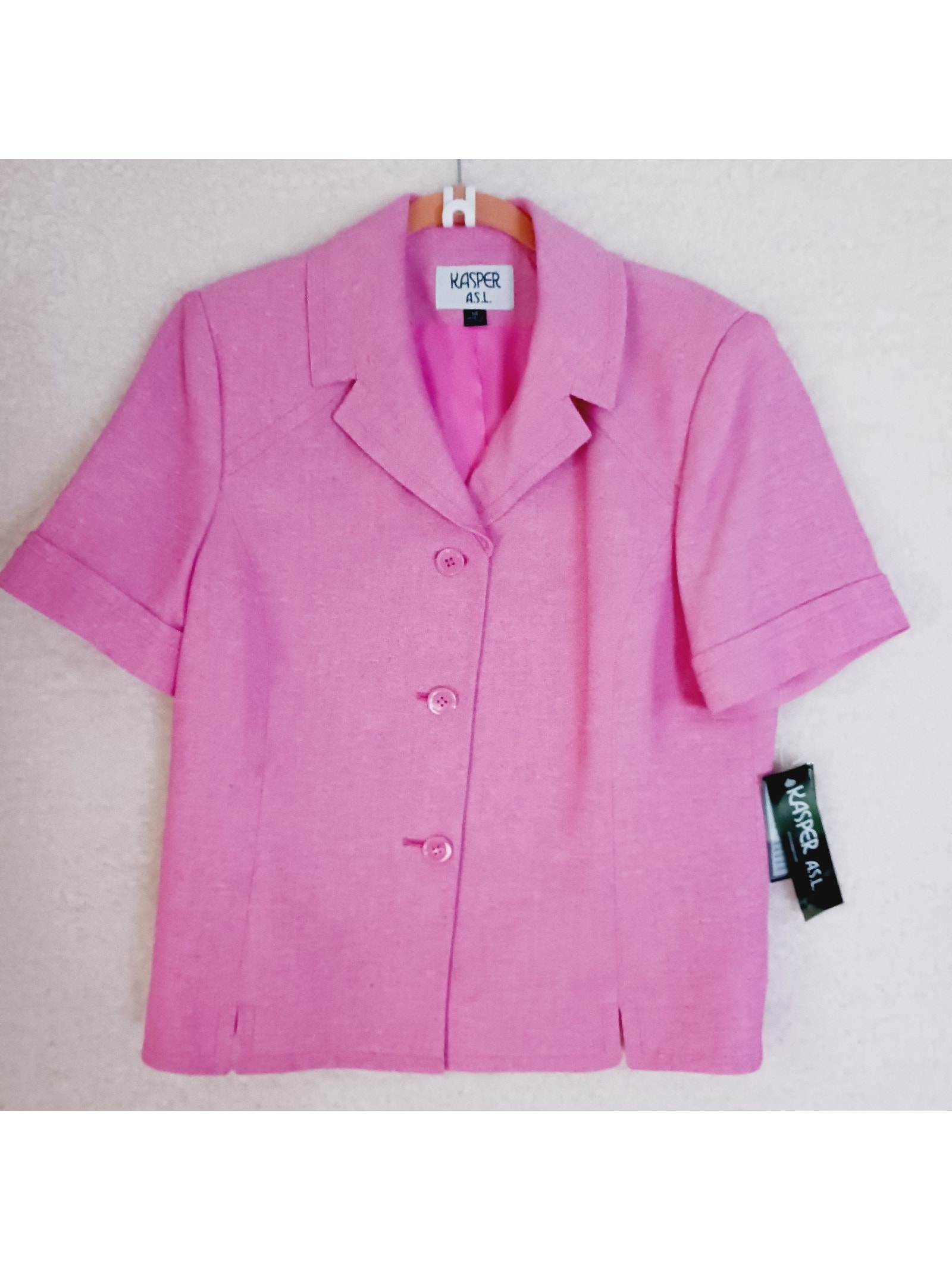 Jacket Women Kasper Button-Up Barbie Pink V-Neck Nwt Lined Short Sleeve Size 14